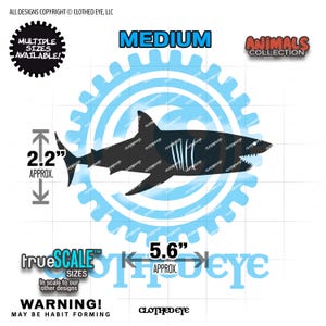 May include: A dark shark silhouette graphic with white gill details, centered on a light blue gear icon. Text includes MEDIUM, ANIMALS COLLECTION, 2.2" APPROX. height, 5.6" APPROX. width, trueSCALE SIZES, WARNING! MAY BE HABIT FORMING, and CLOTHED EYE.