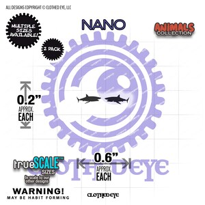 May include: A light purple gear-shaped emblem featuring two small black shark silhouettes facing each other. The design includes the text NANO, ANIMALS COLLECTION, 2 PACK, and MULTIPLE SIZES AVAILABLE. Measurements indicate 0.2 inches and 0.6 inches.
