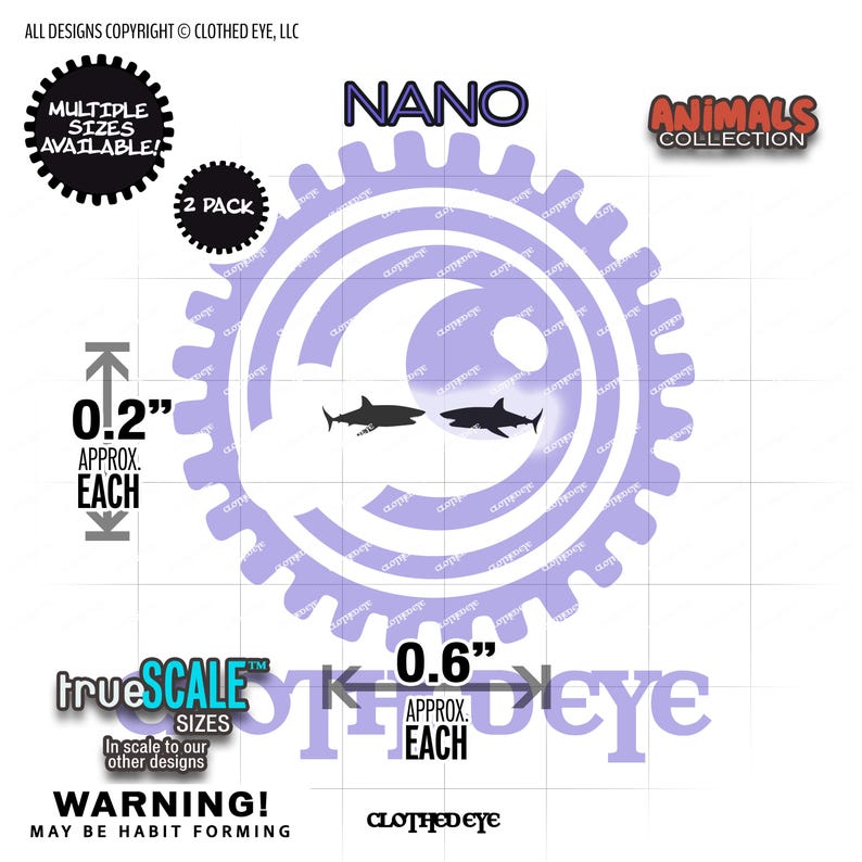 May include: A light purple gear-shaped emblem featuring two small black shark silhouettes facing each other. The design includes the text NANO, ANIMALS COLLECTION, 2 PACK, and MULTIPLE SIZES AVAILABLE. Measurements indicate 0.2 inches and 0.6 inches.