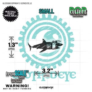 May include: A sticker design featuring a black shark silhouette with a mounted laser, centered on a light blue gear-shaped background. Text includes 'SMALL', 'POP CULTURE COLLECTION', '1.3" APPROX.', '3.2" APPROX.', 'trueSCALE', and 'WARNING! MAY BE HABIT FORMING'.