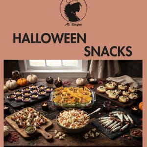Puede incluir: Una mesa con aperitivos de Halloween que incluye huevos rellenos con arañas, dip con lápidas de tortilla, mini pizzas de fantasmas, brochetas de ojos, palomitas con ojos de caramelo y dedos de pretzel, bajo el texto Ms. Recipes HALLOWEEN SNACKS.