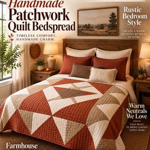 Puede incluir: La portada de la revista Hearth & Stitch muestra una colcha de patchwork hecha a mano en tonos óxido, crema y bronceado. La cama está decorada con almohadas a juego en color óxido, un cojín marrón pequeño y un cojín de color crema con textura.