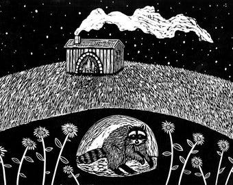 Safe and Warm, woodcut by Bridget Henry