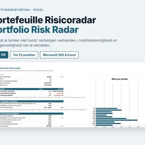 Könnte beinhalten: Eine digitale Tabellenkalkulation mit dem Titel Portfolio Risk Radar, die Finanzdatenanalysen, Leistungskennzahlen und ein Balkendiagramm mit der Beschriftung Bèta per positie für Microsoft 365 und Excel enthält.