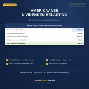 Op de afbeelding: Een digitaal spreadsheet-sjabloon voor het berekenen van Amerikaanse dividendbelasting, met een donkerblauwe achtergrond en witte tekst. De interface toont een rekentabel voor bruto dividenden, bronbelasting en nettobedragen in euro's.