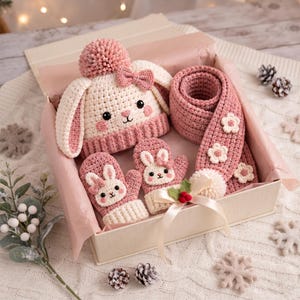 May include: A crochet set in a gift box featuring a cream and pink bunny hat with a pom-pom, a pink scarf with white flower appliqués, and a pair of matching pink and cream bunny mittens, all tied together with a cream ribbon and holly berry accent.