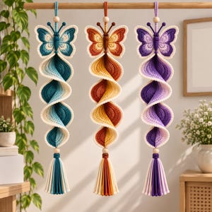 May include: Three hanging crochet butterfly ornaments with spiral tails. The first is blue and teal, the second is orange and yellow, and the third is purple and lavender. Each features a wooden bead at the top and a multi-colored tassel at the bottom.