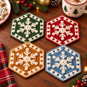 Puede incluir: Cuatro posavasos hexagonales de ganchillo con un motivo central de copo de nieve blanco. Los posavasos son de color verde oscuro, rojo, amarillo mostaza y azul, cada uno con un borde blanco. Estos artículos textiles son planos y geométricos.