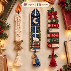 Christmas Bookmark Crochet Pattern Trio, Candle Bookshelf & Book Stack Bookmark PDF, Holiday Crochet Gift, Instant Download
