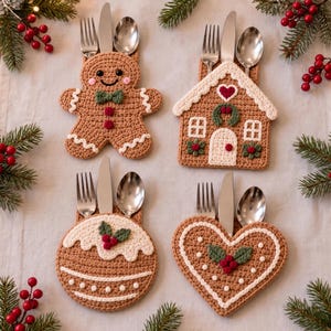 Puede incluir: Cuatro soportes para cubiertos de ganchillo con formas festivas: un hombre de jengibre, una casa, un pudin de Navidad redondo y un corazón. Cada pieza es de color tostado con detalles de glaseado blanco y contiene tenedor, cuchillo y cuchara.