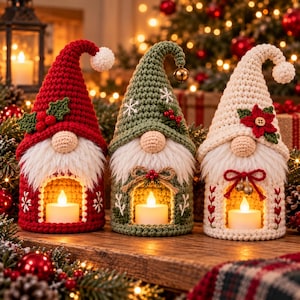 Pode incluir: Três lanternas de gnomo em crochê nas cores vermelho, verde e creme. Cada gnomo possui um chapéu pontudo, uma barba branca felpuda e uma abertura central com uma vela LED. Os chapéus são decorados com azevinho, flocos de neve e poinsétia.