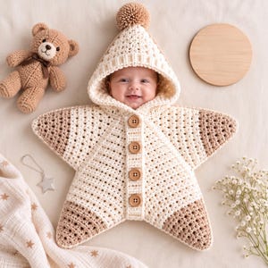 May include: A cream and tan crocheted star-shaped baby bunting with a hood, a pom-pom on top, and four wooden buttons down the center. The garment features a textured stitch pattern with tan accents on the points of the star and a hood.