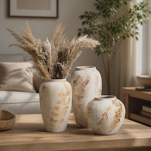 May include: Three ceramic vases with a textured, off-white finish and mottled brown, rust-colored accents. The tallest vase contains a large arrangement of dried, feathery pampas grass plumes. The vases have rounded bodies and narrow openings.