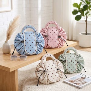 Lay Flat Drawstring Makeup Bag with Handle, Cute Polka Dot Cosmetic Travel Pouch, Large Open Flat Toiletry Bag, Bridesmaid Gift