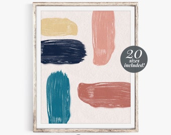 Brush Stroke Abstract Printable Wall Art  | Modern Contemporary Wall Decor | Navy Blush Pink Teal | Brush Stroke Painting Abstract Art Print