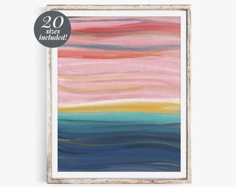 May include: Abstract art print with horizontal stripes in shades of pink, yellow, blue, and teal. The print is framed in a white wood frame. The text "20 sizes included!" is in a circle in the top left corner of the image. The text "Hoot & a Holler Printable Wall Art" is at the bottom of the image.