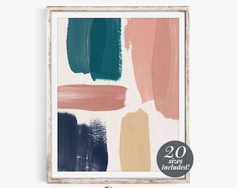 Brush Stroke Abstract Printable Wall Art  | Modern Contemporary Wall Decor | Navy Blush Pink Teal | Brush Stroke Painting Abstract Art Print