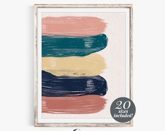 Brush Stroke Abstract Printable Wall Art  | Modern Contemporary Wall Decor | Navy Blush Pink Teal | Brush Stroke Painting Abstract Art Print