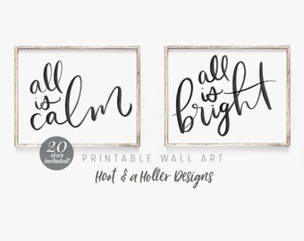 All is Calm and Bright Printable Wall Art | Christmas set of 2 prints | Instant Download | Modern Farmhouse Decor |  Silent Night wall art