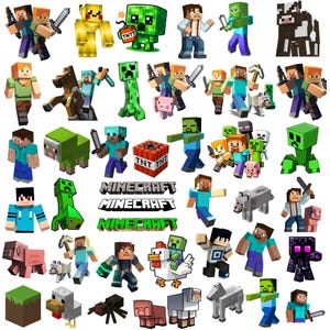 Puede incluir: Una colección de pegatinas de personajes y criaturas de Minecraft que incluye a Steve, Alex, Creepers, zombis, cerdos, pollos, caballos y bloques de TNT. El conjunto incluye el logotipo de Minecraft en texto negro, blanco y verde sobre fondo blanco.