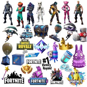 Puede incluir: Una colección de elementos del juego Fortnite que incluye varios aspectos de personajes, el autobús de batalla, un cofre del tesoro azul, un suministro, una piñata de llama morada, una corona de llama dorada, un estandarte de Victory Royale y el logo de Fortnite.