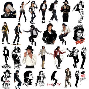 May include: A collection of stickers featuring various illustrations of Michael Jackson in iconic poses and outfits, including black fedoras, leather jackets, and military-style uniforms. Some designs include text such as Who's Bad, King of Pop, and Bad.