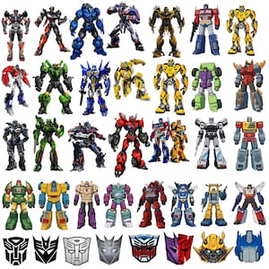 May include: A collection of various robot action figures in diverse colors including red, blue, yellow, green, and black, displayed in multiple poses. The image also features eight distinct robot head and insignia emblems at the bottom.