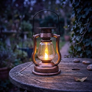 May include: A copper-colored metal lantern with a clear glass chimney and a black wire handle. The lantern features an internal light source that emits a warm, flickering yellow glow, mimicking the appearance of a real flame within the glass.