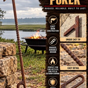 Cast Iron Fire Pit Poker – Hand-Poured Heavy Duty Fireplace Tool – Harwood Kettles Outdoor Fire Poker