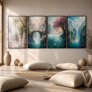 Japandi Panoramic Wall Art Set of 4: Heavenly Corner Continuous Canvas Print