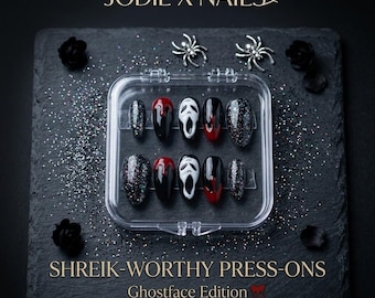 Halloween Press On Naglar | Scream Ghostface Anpassade Nagelset | Svart Glitter & Drip Lösnaglar | Spooky Season Gelnaglar | JodieXNails
