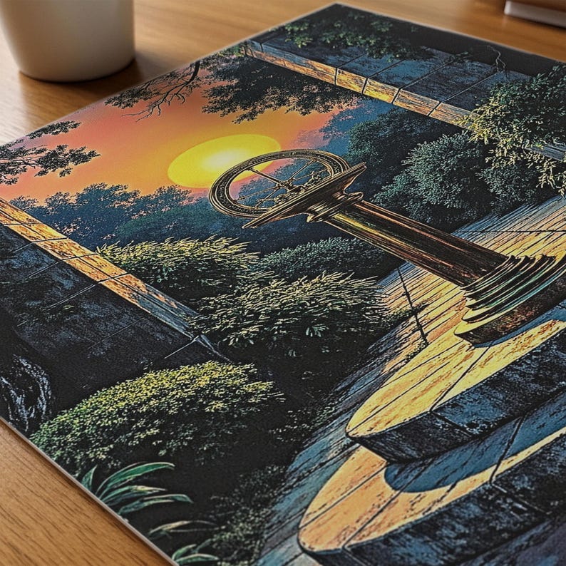 Orange Glow Rectangle Surreal Sundial Garden Scene, Mystical Landscape Wall Art, Sunset Glow ...