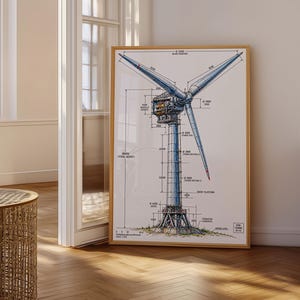 Väggkonst för teknisk vindturbin, illustration för industriteknik, ritningsstil, kontorsinredning