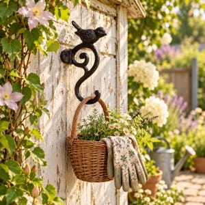 May include: A black cast iron wall hook featuring a bird figure at the top and a curved scroll design. A woven brown wicker basket hangs from the hook, containing green plants with small white flowers and a pair of floral print gardening gloves.