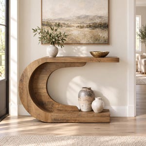 May include: A C-shaped wooden console table with a natural grain finish. The top surface holds a white vase with green branches and a gold bowl. The lower shelf holds two ceramic vases, one large and mottled, the other smaller and white.