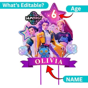May include: A decorative cake topper featuring three animated characters, a blue cat, and two light sticks. The design includes a purple star with the number 6, a purple banner with the name OLIVIA in white text, and the logo HUNTRIX at the top.