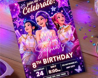 K-POP Demon Hunters Birthday Invitation, Editable Canva Template, K-PoP Demon Hunters Party Invite, Purple Neon Birthday, Digital Download