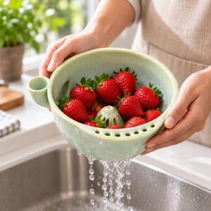 May include: A light green ceramic berry colander bowl filled with fresh red strawberries. The bowl features a small side handle, a central drainage dome, and a row of circular drainage holes along the rim, with water flowing out from the bottom.