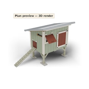 Puede incluir: Un renderizado 3D de un gallinero con el texto Plan preview — 3D render. La estructura presenta revestimiento vertical verde claro, bordes blancos, un techo metálico inclinado, una puerta roja, una ventana roja y una rampa de madera.