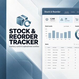 May include: A digital dashboard interface titled Stock & Reorder Tracker featuring inventory control and replenishment workflow. The screen displays data visualizations, including bar charts and a donut chart, alongside a detailed table of items.