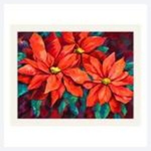May include: A rectangular art print featuring a vibrant painting of three large red poinsettia flowers with bright yellow centers. The petals are rendered in shades of red and orange, set against a dark, moody background of deep green and purple foliage.