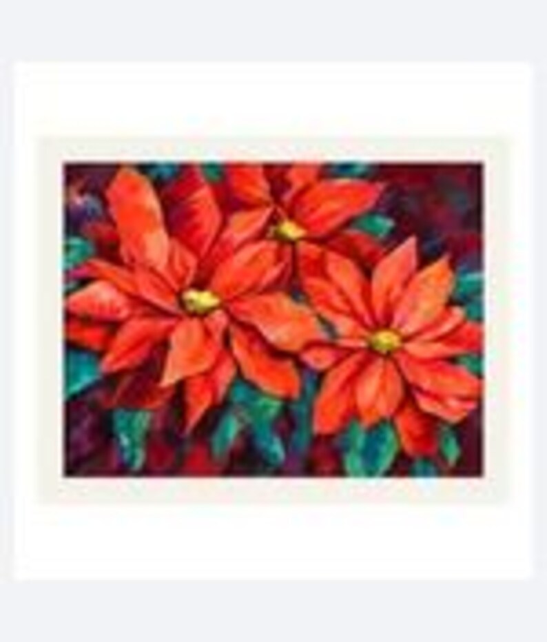May include: A rectangular art print featuring a vibrant painting of three large red poinsettia flowers with bright yellow centers. The petals are rendered in shades of red and orange, set against a dark, moody background of deep green and purple foliage.