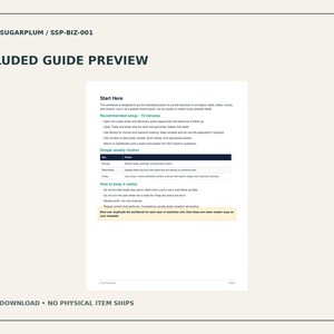 May include: A digital business workbook guide titled Start Here, featuring sections on recommended setup, a simple weekly rhythm table, and instructions on how to keep the workbook useful, with a highlighted note about duplicating the file.