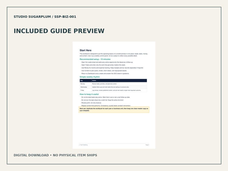 May include: A digital business workbook guide titled Start Here, featuring sections on recommended setup, a simple weekly rhythm table, and instructions on how to keep the workbook useful, with a highlighted note about duplicating the file.