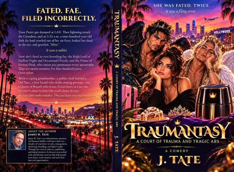 May include: A book cover titled Traumantasy by J. Tate featuring a fantasy scene with a person sitting between two winged figures, a crown, a cinnamon roll, and an air fryer against a backdrop of the Los Angeles skyline at sunset.