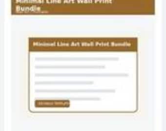 May include: A digital product listing card featuring a brown header with the white text Minimal Line Art Wall Print Bundle. Below, a white box contains the same title, five light gray horizontal lines, and a brown button labeled Add to Cart.