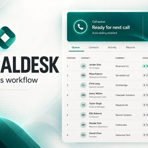 Op de afbeelding: Een digitale interface voor Dialdesk sales workflow software met een donkergroen en wit kleurenschema. Het scherm toont een dashboard voor wachtrijen met een lijst van contacten, bedrijfsnamen, statusindicatoren en wachttijden.