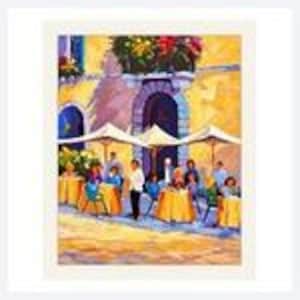 May include: An impressionist painting of an outdoor cafe scene with yellow tablecloths, white umbrellas, and people seated at tables in front of a yellow building with a dark arched doorway and colorful floral window boxes under a bright sun.