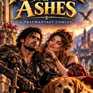 May include: A book cover titled Kingdom of Ashes A Traumantasy Comedy by J. Tate. It features a man in dark leather and fur, a woman in a red dress, and a golden retriever. A castle and a flying dragon are in the background.