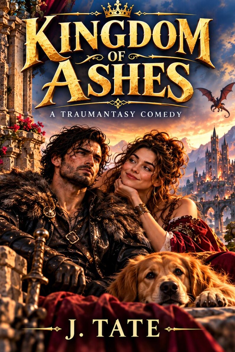 May include: A book cover titled Kingdom of Ashes A Traumantasy Comedy by J. Tate. It features a man in dark leather and fur, a woman in a red dress, and a golden retriever. A castle and a flying dragon are in the background.